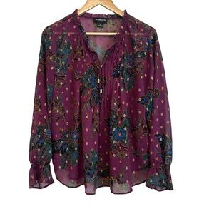 Liz Claiborne Women's Large Purple Blue Fairy Flowy Floral Sheer Layered Blouse